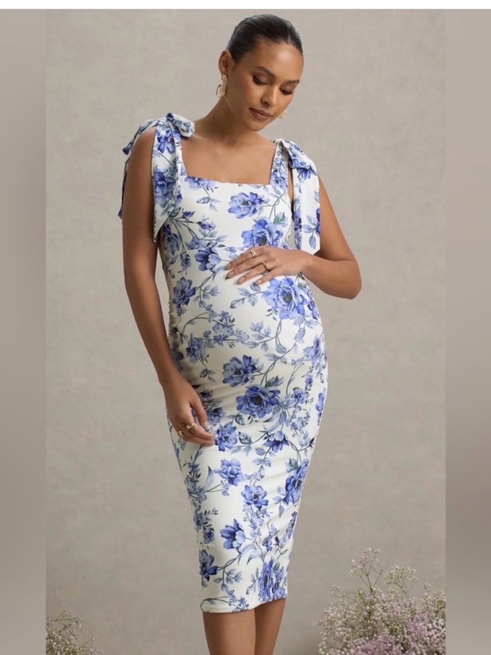 Club L London Linnie White Midi Dress with Blue Floral Print and Tie Shoulders